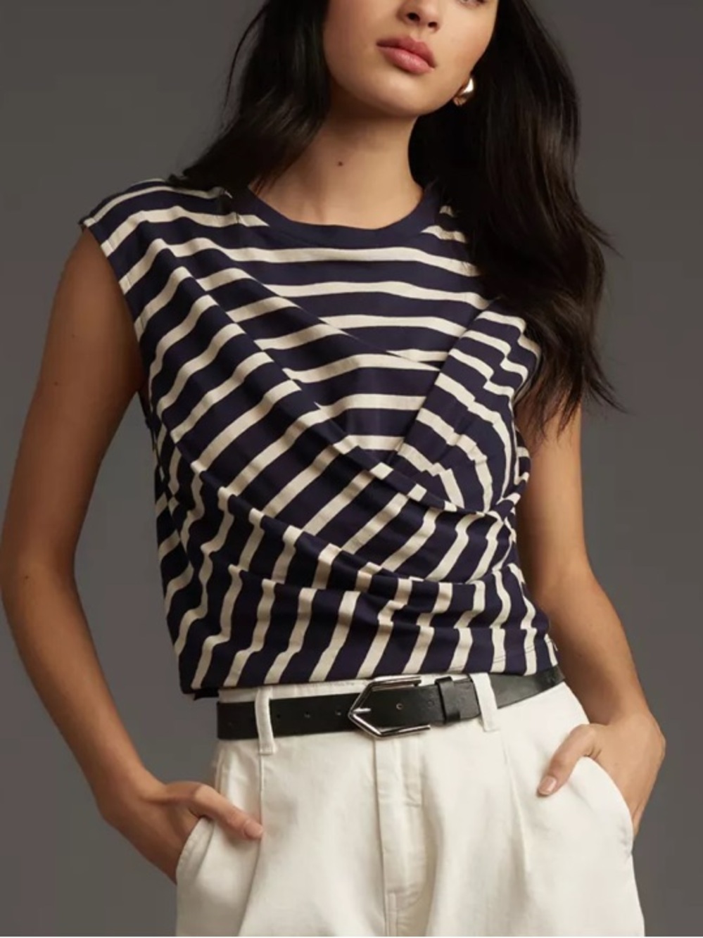 Baum Und Pferdgarten Jaliyah wrap sleeveless cotton tee in navy Breton stripe XS
